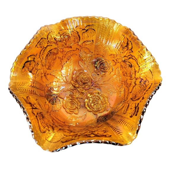 Imperial Glass Other - Vintage Marigold Carnival Glass 3 Footed Bowl Rose Pattern Scalloped Edges